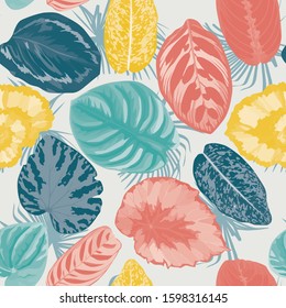 Various trendy color realistic vector begonia leaves on white background. Abstract seamless pattern exotic botanical floral illustration. Fashion textile print fabric repeat foliage, mobile wallpaper.