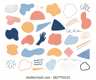 Various trendy contemporary modern patterned shapes and doodles. Hand drawn elements isolated on white background. Vector illustration