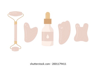 Diversos rastrillos de moda gua sha, rollo de cristal de cuarzo de rosa natural en el masajeador facial y aceite facial. Concepto de cuidado de la piel de Gua Sha. Ilustración vectorial de dibujos animados planos. Aislado sobre fondo blanco. 