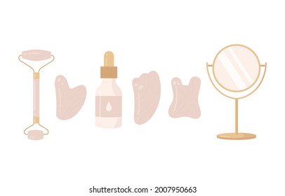 Various trendy gua sha scraper, natural rose quartz crystal roll on face massager, face oil and mirror. Gua Sha skin care concept. Flat cartoon vector illustration. Isolated on white background. 