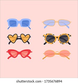 Various trendy sunglasses. Different modern shapes. Hand drawn colored vector set. All elements are isolated.