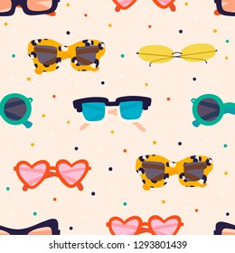 Various trendy sunglasses. Different shapes. Hand drawn colored vector seamless pattern. Beige background