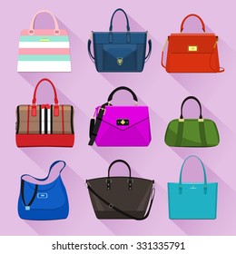 Various trendy women bags with colorful prints. Flat style vector illustration.