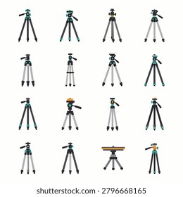 Various tripods and monopods in different styles and colors.