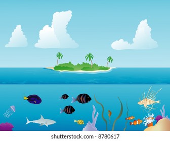 Various tropical fish swimming around on a reef and a tropical island in the background