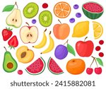Various tropical fruits on a white background. Apple, peach, banana, pear, kiwi, watermelon, strawberry, lemon, orange, cherry, plum. Fruits and slices, summer illustration.