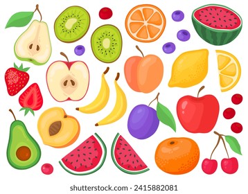 Diversas frutas tropicales de fondo blanco. Apple, melocotón, plátano, pera, kiwi, sandía, fresa, limón, naranja, cereza, ciruela. Frutas y rodajas, ilustración de verano.