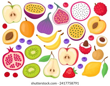 Diversas frutas tropicales de fondo blanco. Frutos de la pasión, manzana, pera, limón, granado, kiwi, higo, lichi, banana, fresa, arándano, longan, 
albaricoque. 