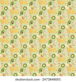 Various tropical fruits seamless pattern. Exotic slices, cut half, whole fruit repeat background. Vector hand drawn flat illustration.
