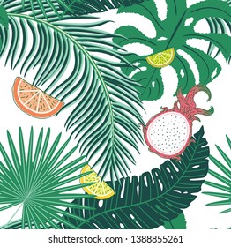 Various tropical leaves and fruits, summer themed pattern design.
