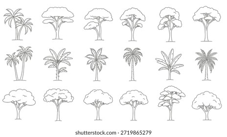 Varios árboles tropicales en un diseño lineal con una hermosa silueta