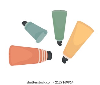 Various tubes for cosmetic cream and gel. Cozy relaxing spa home. Vector isolated colorful element.