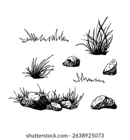 Various tufts of grass and rocks, stones. Black and white hand drawn vector illustrations. Sketch with fine lines and shading. The natural elements isolated on white. For cards clip art packages.