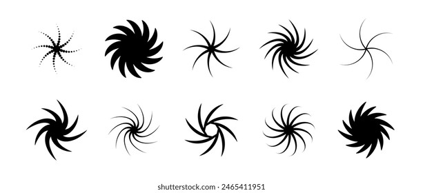 Various twist and swirl element set. Black dotted twirl and rotating symbols collection. Circular radial revolving spinning whirlwind objects bundle for graphic design, poster, banner. Vector pack