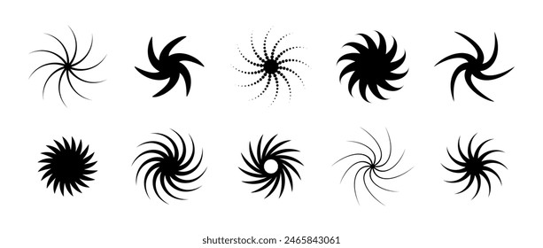 Various twist and swirl element set. Black dotted twirl and rotating symbol collection. Circular radial revolving spinning whirlwind object bundle for graphic design, poster, banner. Vector pack