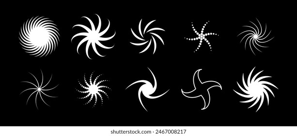 Various twist and swirl element set. White dotted twirl and rotating symbol collection. Circular radial revolving spinning whirlwind object bundle for graphic design, poster, banner. Vector pack