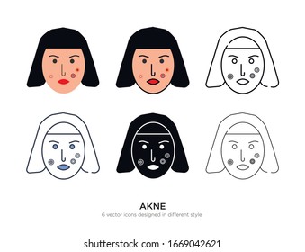 Various type of akne, black dots and black mask on the skin set with the same frame types vector Illustrations