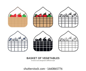 Various type of basket of vegetables set with the same frame types vector Illustrations
