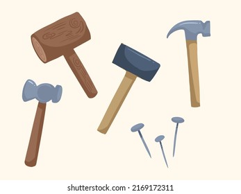 Various type of cartoon hammer from wooden hammer to metal hammer, with screws vector illustration. Hand drawn flat style drawing.