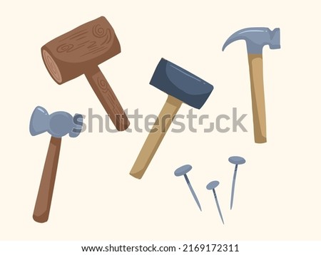 Various type of cartoon hammer from wooden hammer to metal hammer, with screws vector illustration. Hand drawn flat style drawing. Foto d'archivio © 