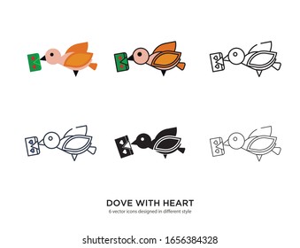 Various type of dove with heart set with the same frame types vector Illustrations