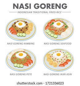 Various type of Fried Rice, or Nasi Goreng in Bahasa Indonesia.Nasi Goreng is an Indonesian dish that usually spiced with sweet soy sauce and accompanied by other ingredients like egg or vegetable.