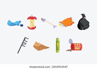 Various type of garbage, trash, waste or junk colorful vector illustration set collectuon bundle isolated on horizontal white background. Simple flat cartoon art styled drawing with no outline.