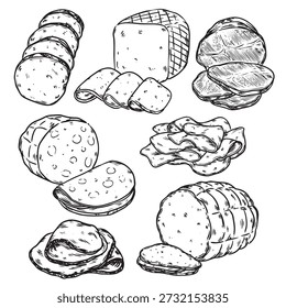 Verschiedene Art von handgezeichneten geschnittenen Schweineschinken Umriss Zeichnung Illustration