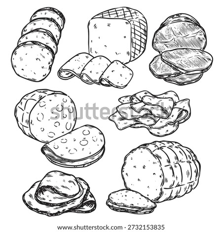 Various type of hand drawn sliced pork ham outline drawing illustration