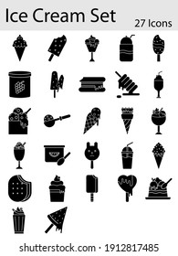 Various Type Of Ice Cream Icon Or Symbol In Glyph Style.