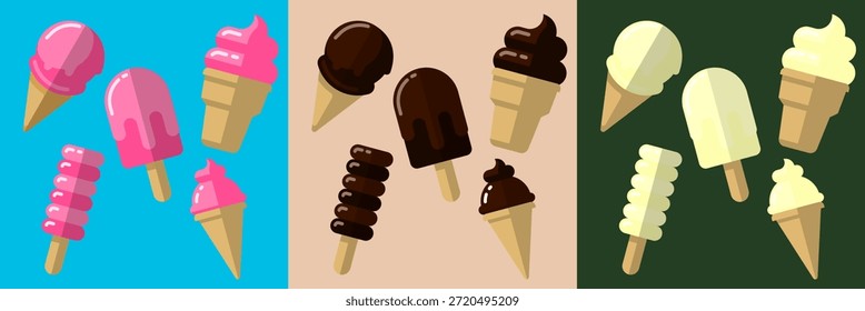 Varios tipos de helado con tres cucharadas de helado rosa, chocolate y vainilla