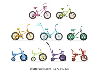 Various type of kids bikes set, colorful bicycles with different frame types vector Illustrations