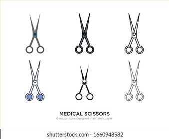 Various type of medical scissors set with the same frame types vector Illustrations