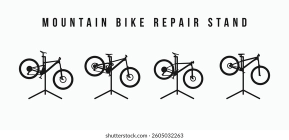 Various type of mountain bike MTB on bike repair stand logo icons set. Bicycle repair, bike shop symbol