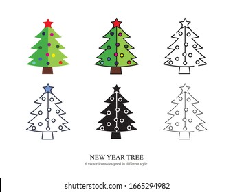 Various type of new year tree set with the same frame types vector Illustrations