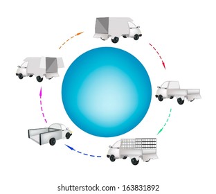 Various Type of Pickup Truck and Delivery Van Around A Blue Circle Banner for Trucking Products and Materials, Ready for Shipping or Delivery. 