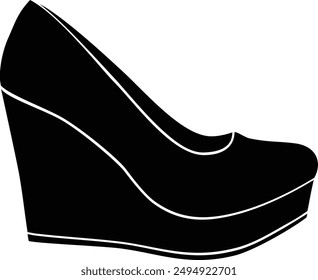 Various Type of Shoes, Wedge Heel flat black vector icon.