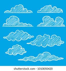 Various Type Of Sketch Style Vector Cloud Illustration On Blue background, Hand Drawn Doodle