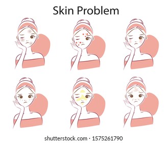 Various Type Skin Problems. Acne. Dark Circle Under Eyes. Wrinkle. Oily Skin. Dull Skin. Set Of Skin Problems Illustration