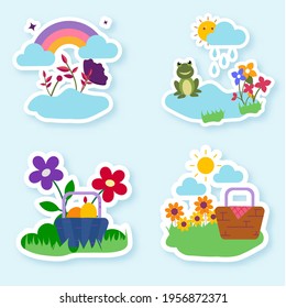 Various Type Spring Sticker On Blue Background.