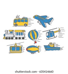 Various type of vacation transportation in doodle style