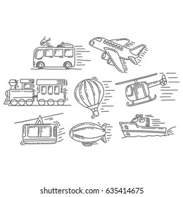 Various type of vacation transportation in doodle style