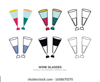 Various type of wine glasses set with the same frame types vector Illustrations