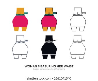Various type of woman measuring her waist set with the same frame types vector Illustrations
