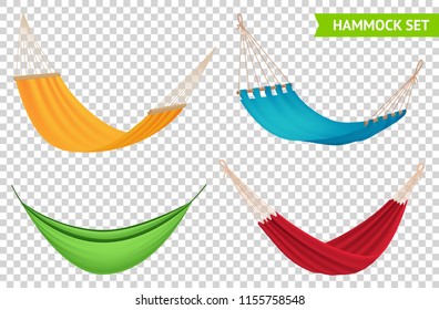 Various types 4 colorful hanging hammocks set with red yellow blue green fabric transparent background vector illustration 