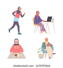 various types of activities of young women who wear hijab do sports, study, read and eat, a set of illustrations of women using hijab