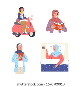 various types of activities of young women wearing hijab riding a scooter, sleeping, reading and learning, a set of illustrations of women wearing hijab