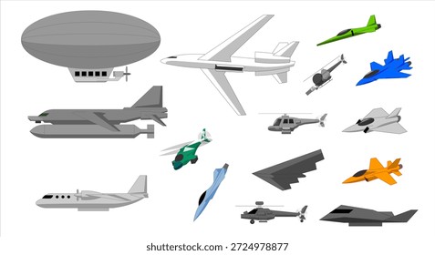 Various Types of Airplanes Collection Isolated on White Background