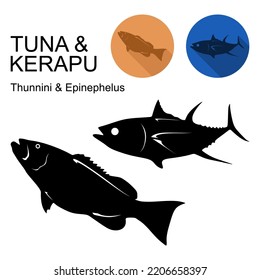 Various Types Of Animal Behavior And Expressions In Silhouette Format And Cute Icons. Tuna Fish (usually For Sushi) And Kerapu Or Grouper (can Be Grow Very Large)