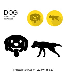 varios tipos de comportamiento animal y expresiones en formato de silueta e iconos bonitos. perro o canis lupus familiaris, conocido por leal y mejor amigo humano con cara feliz y orina orina